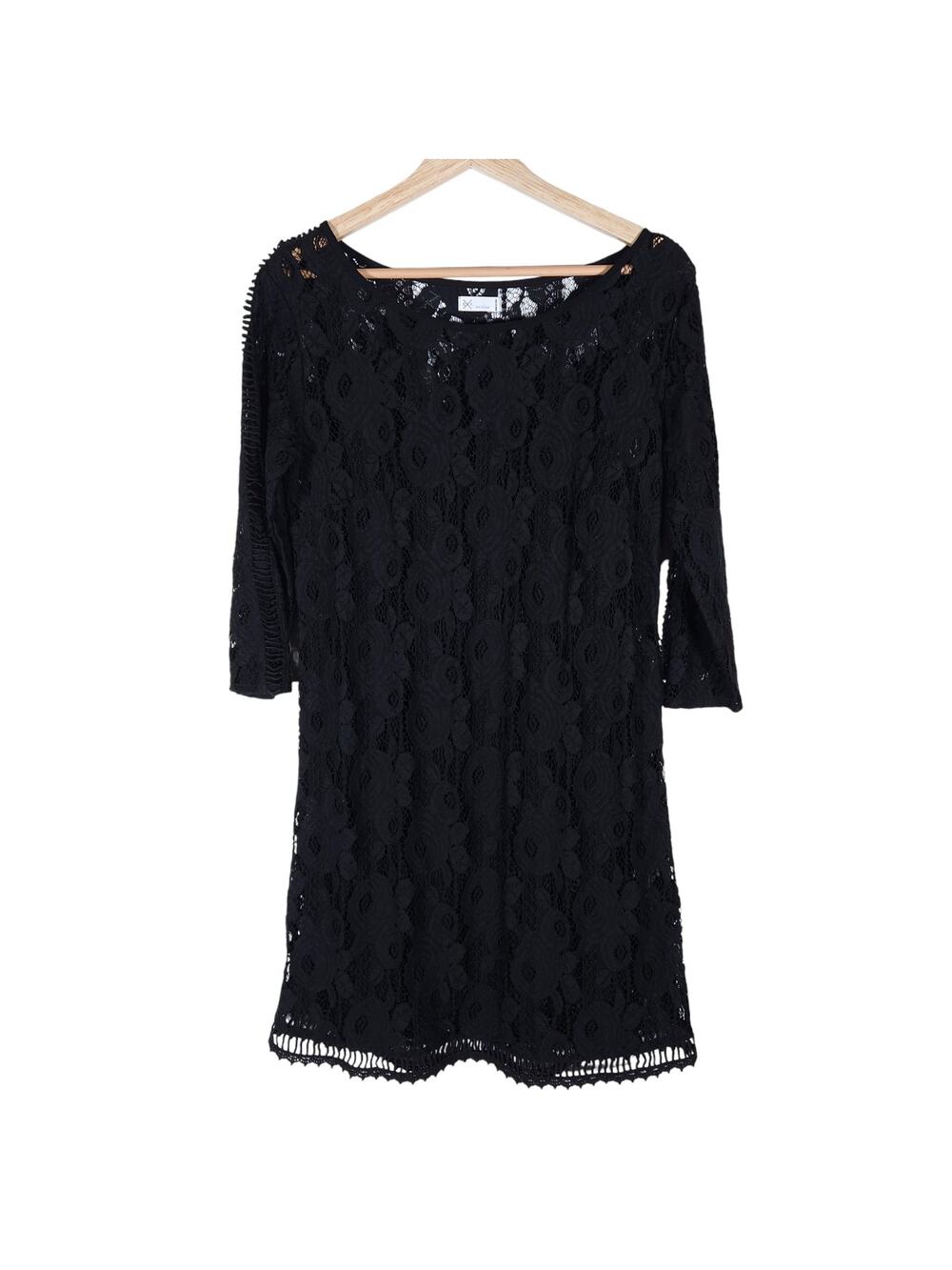 GXF Womens Lace Shift Dress Medium Black Romantic Floral Crochet Bohemian Chic